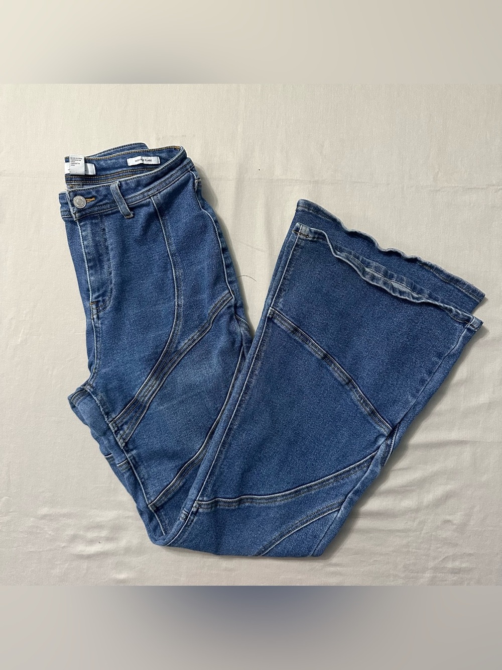 Forever 21 Premium Patchwork Flare Jeans 28 High Rise Seam Paneled Stretch Blue